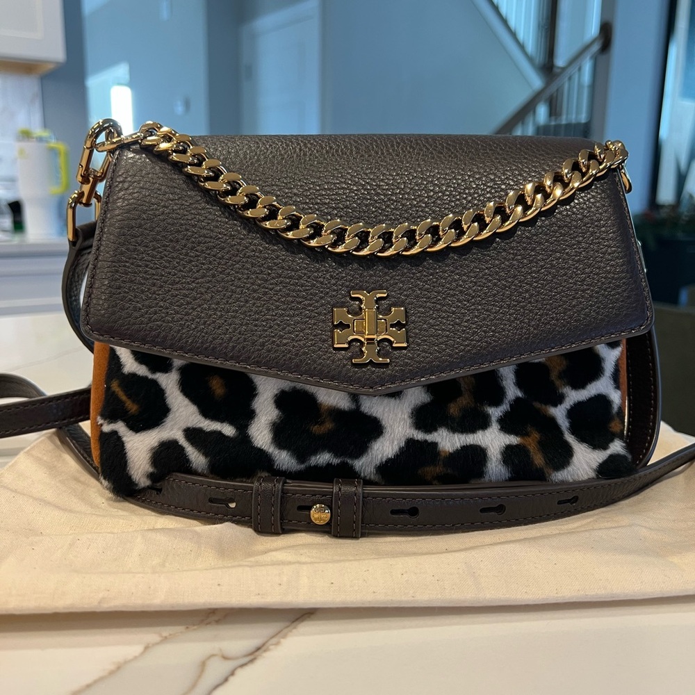 Tory Burch Kira Leopard Print Shearling Suede and Leather Bag Small EUC Like New